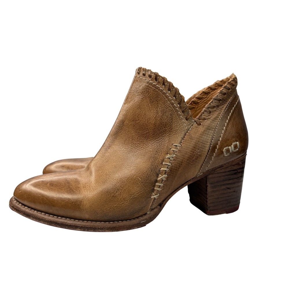 Bed Stu Cobbler Ankle Boots Women Brown Leather Whipstitch Block Heel Zipper